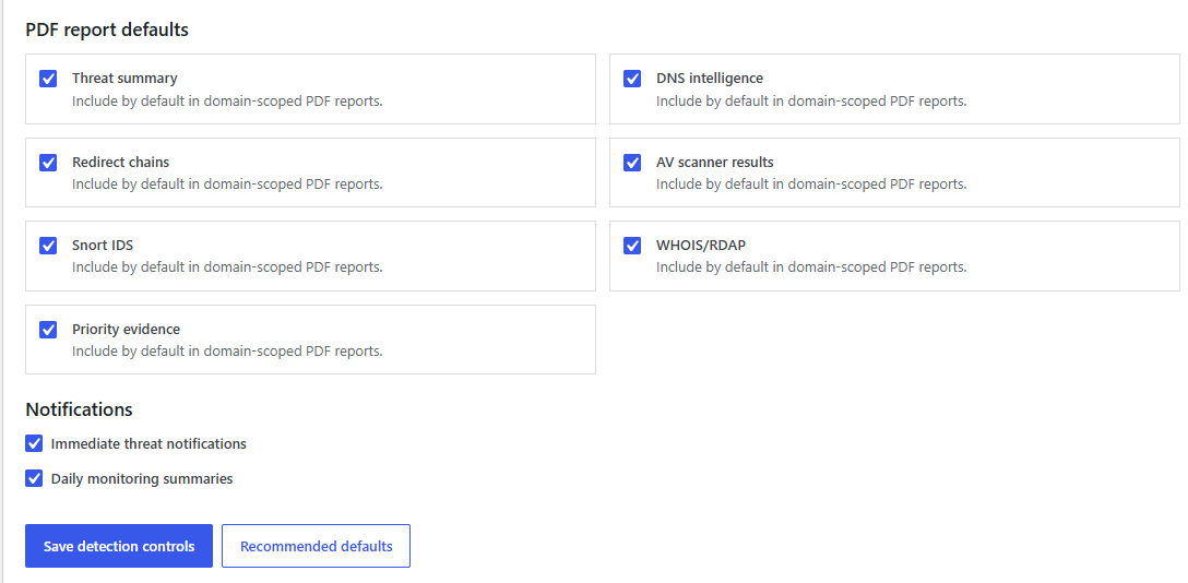 Report defaults and notifications