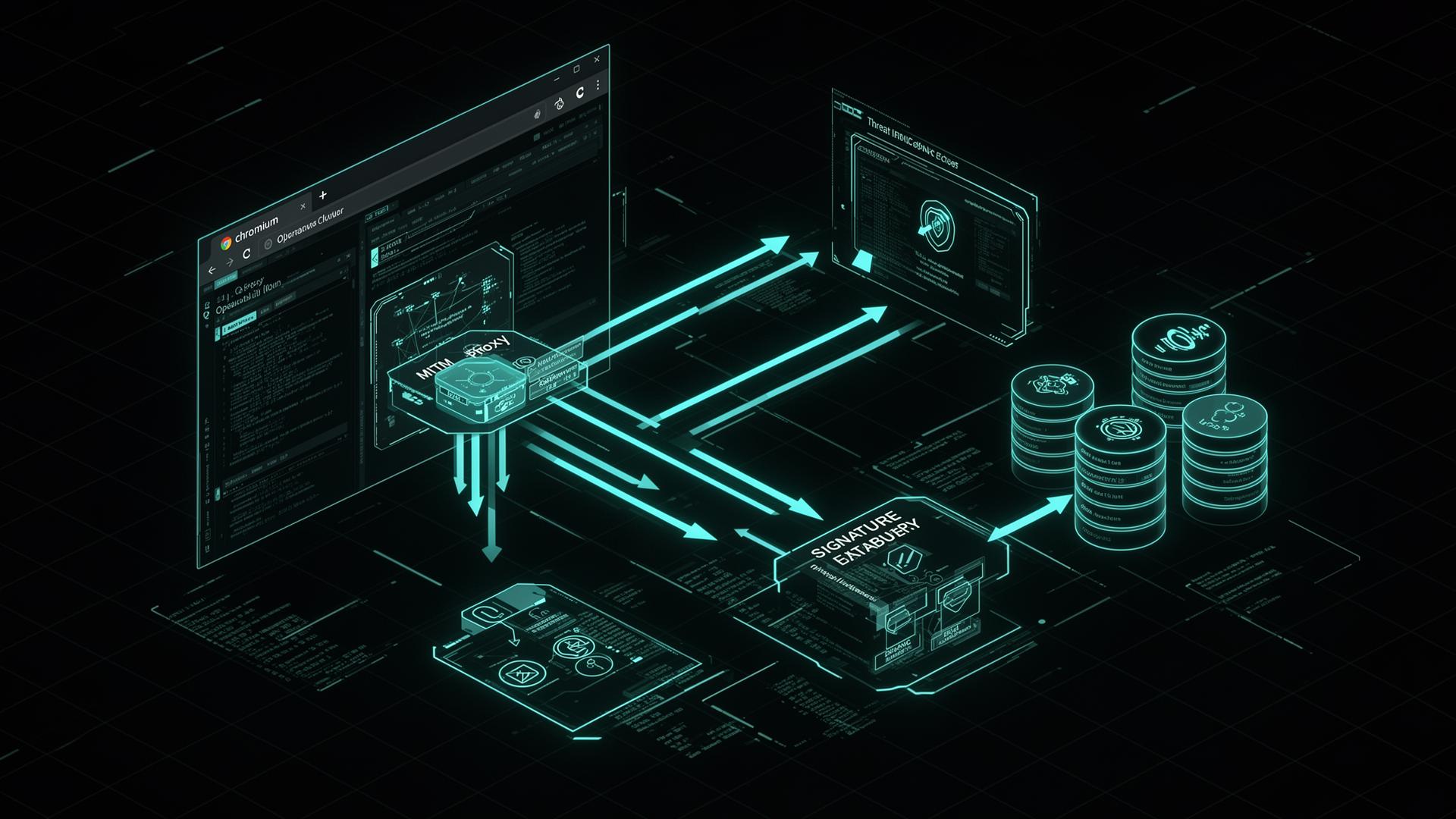 Изометрична архитектурна диаграма, показваща обхождащия механизъм Chromium, MITM прокси, сигнатурен двигател и бази данни за информация за заплахи